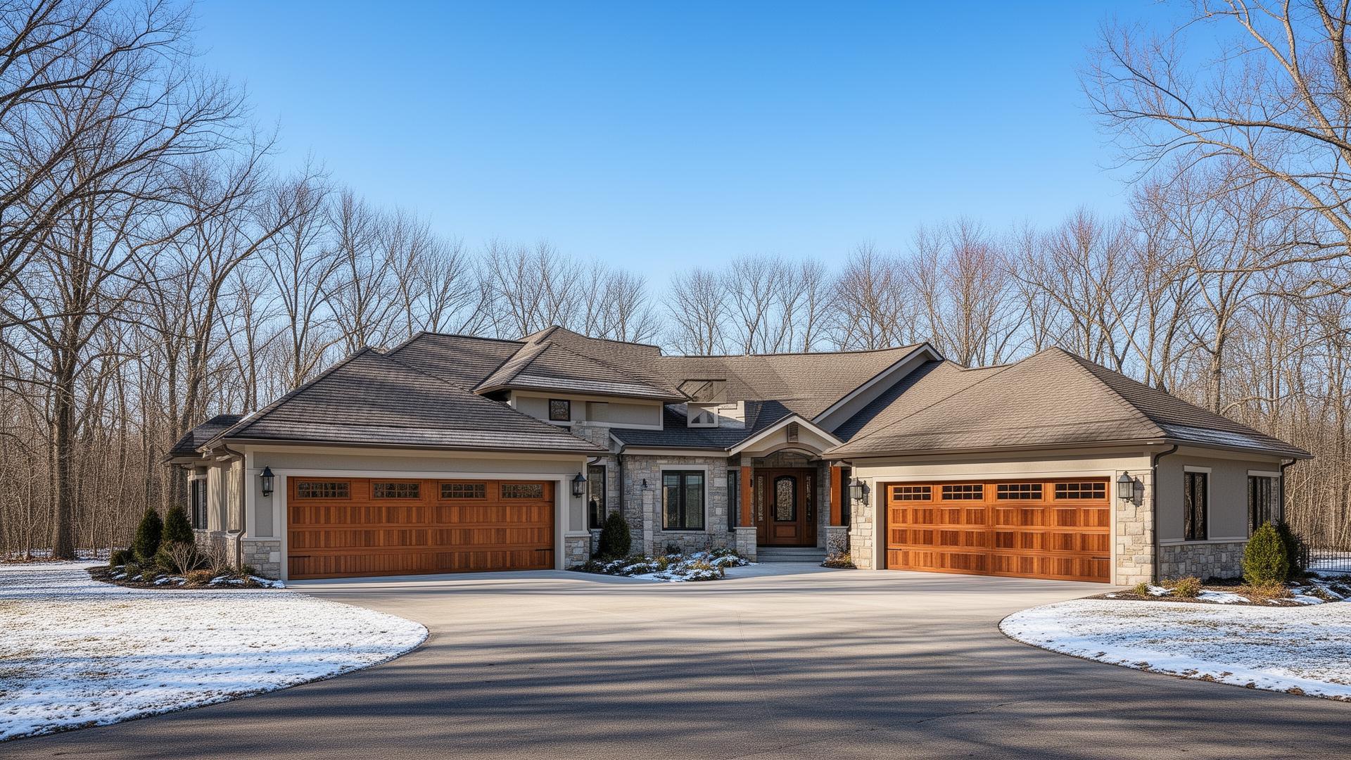Premium insulated steel garage doors with wood overlay on luxury ranch-style home in Wilton NH